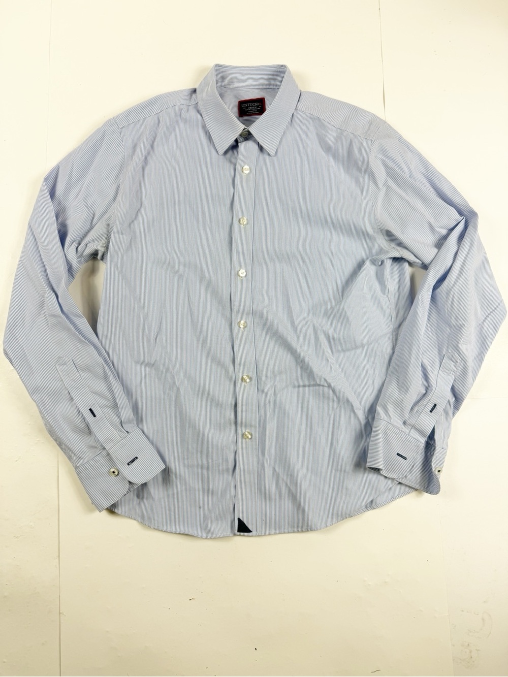 Untuckit Men's Light Blue Pinstriped Dress Shirt Medium